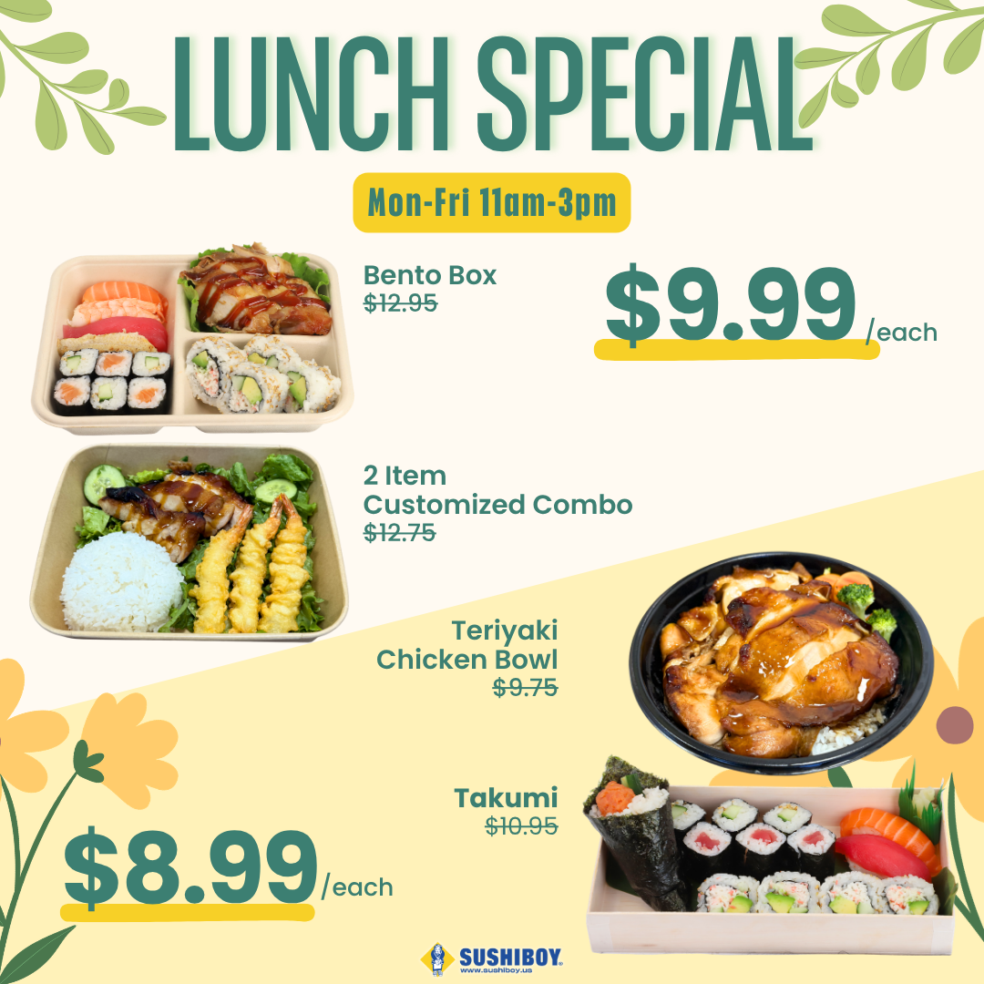 Lunch Special menu featuring sushi bento, teriyaki chicken bowl, and takumi combo, available Monday to Friday 11am–3pm, with prices starting at $8.99.