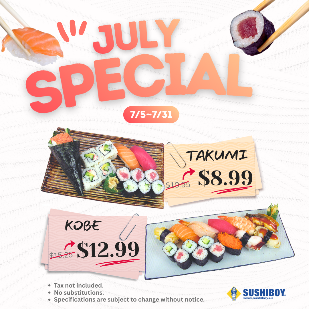 July sushi special with various rolls, nigiri, and sashimi platters, showing discounted prices.