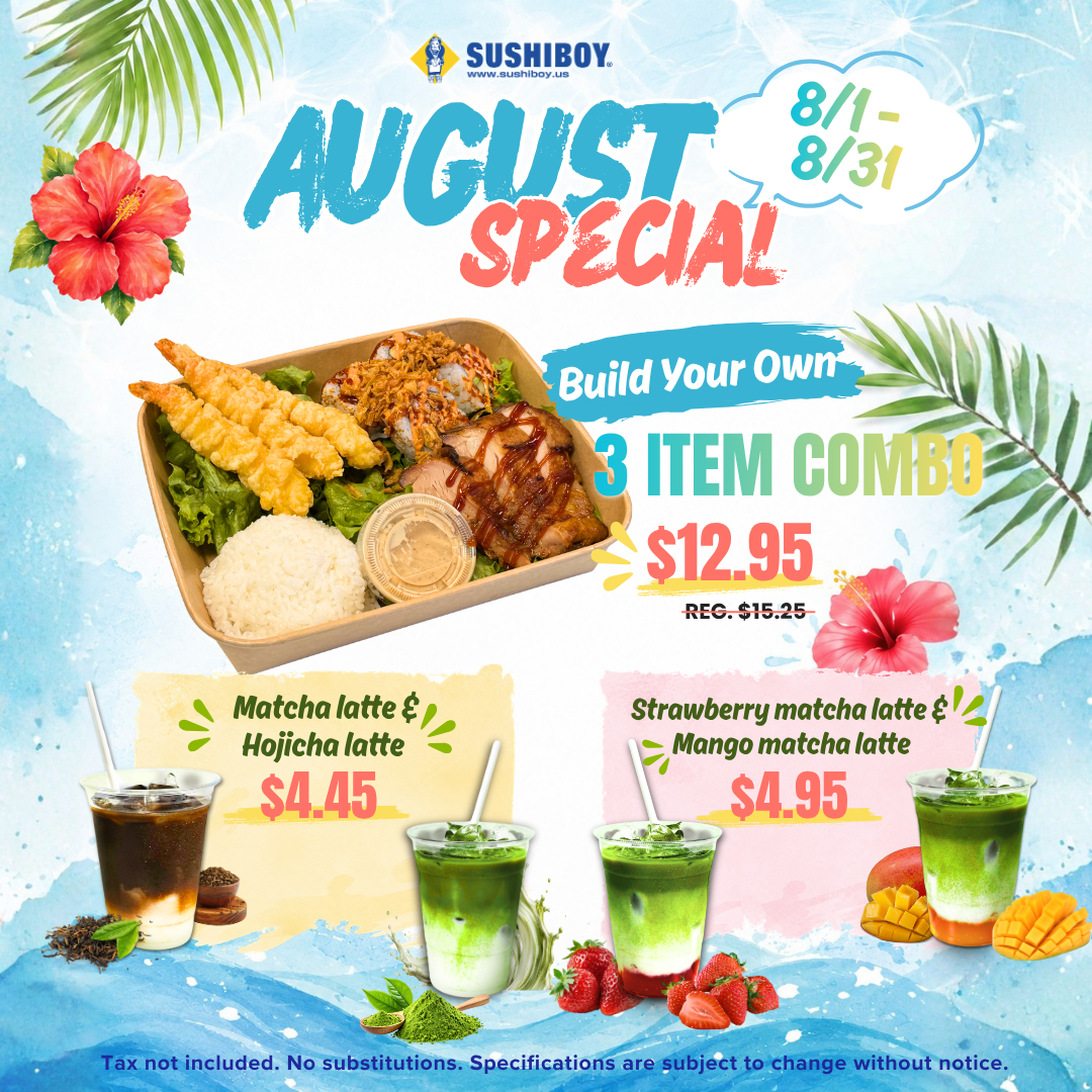 July sushi special with various rolls, nigiri, and sashimi platters, showing discounted prices.