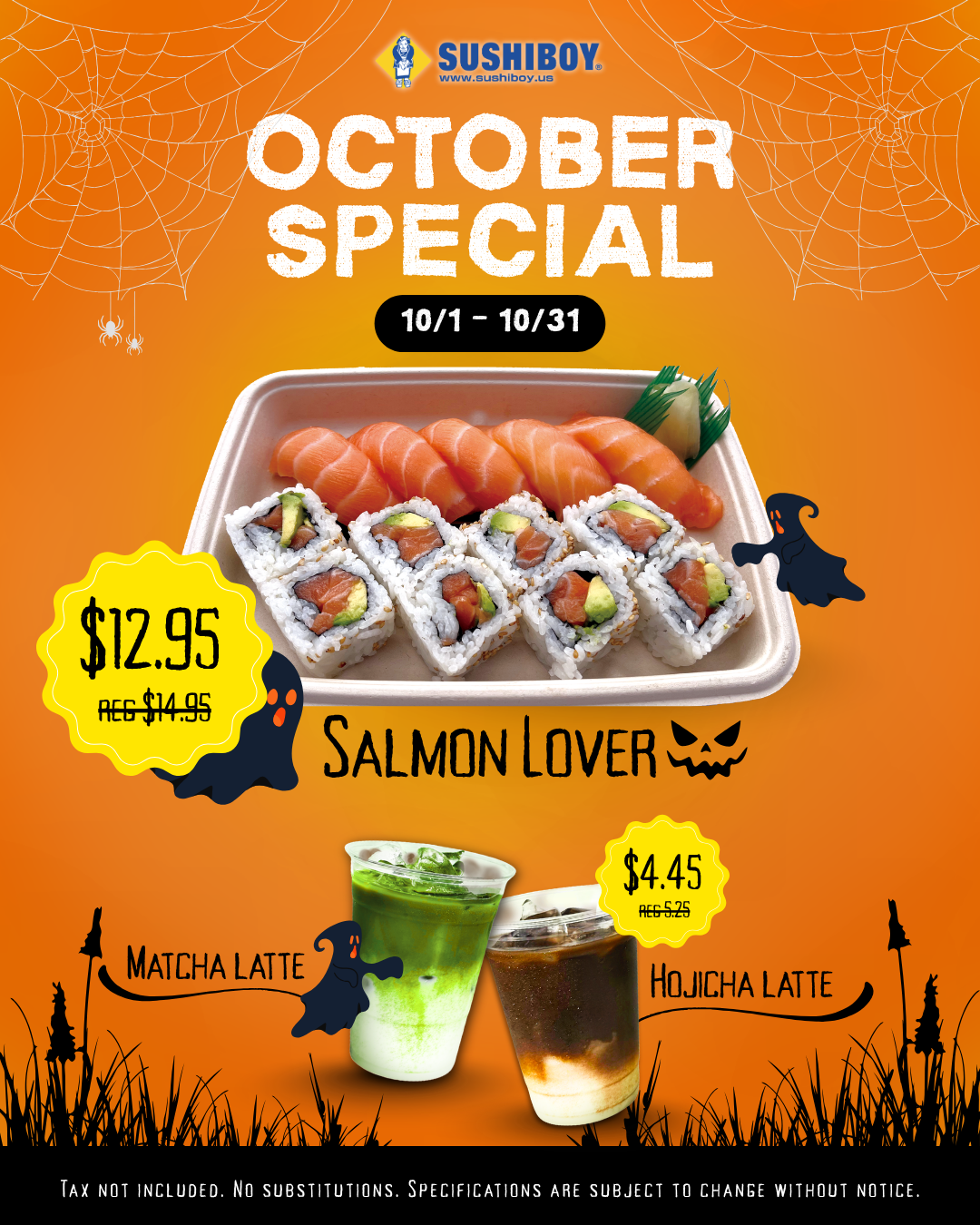 July sushi special with various rolls, nigiri, and sashimi platters, showing discounted prices.